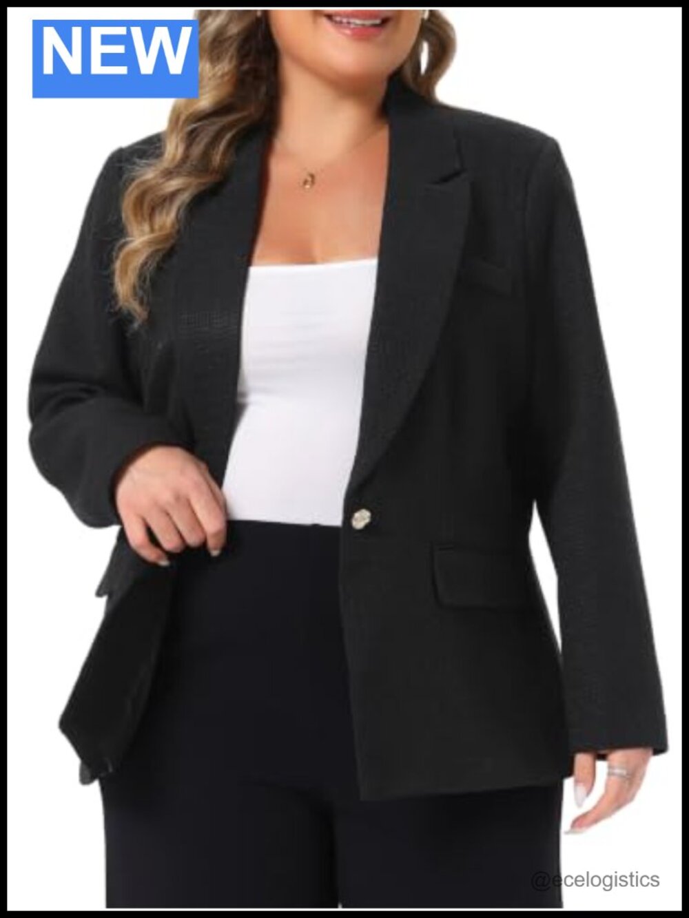 Plus Size Tweed Blazer Long Sleeve Work Office Lapel Collar Button Front
